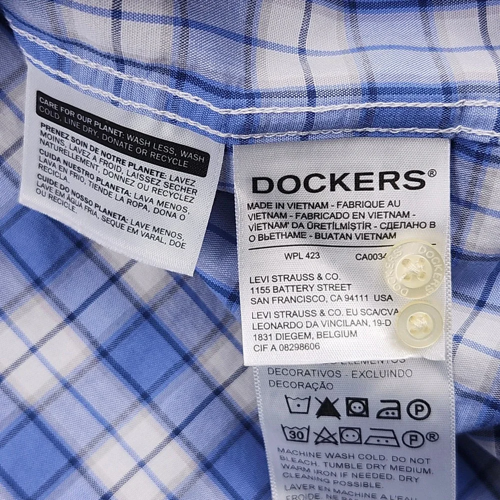 Dockers Button Down Shirt Mens XL Blue Plaid Long Sleeve Classic Fit Preppy